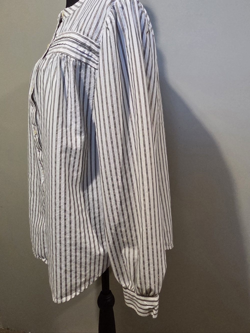 LOFT Cream and Gray Striped Button-Down Top With Gold Metalic Thread - Picture 5 of 8